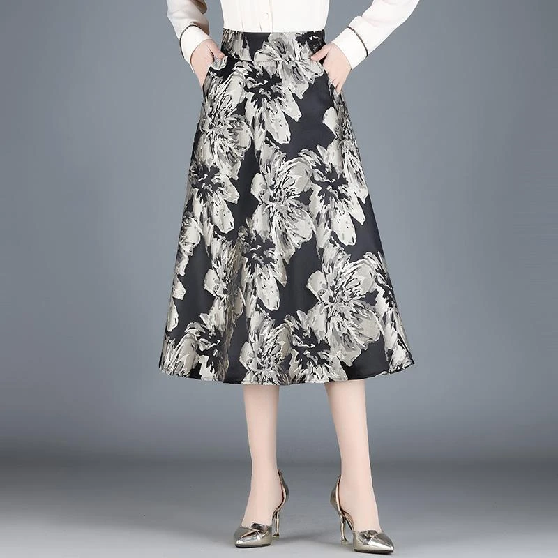 印花半身裙女春季高腰显瘦A字裙中长款2025年新款垂感复古伞裙子