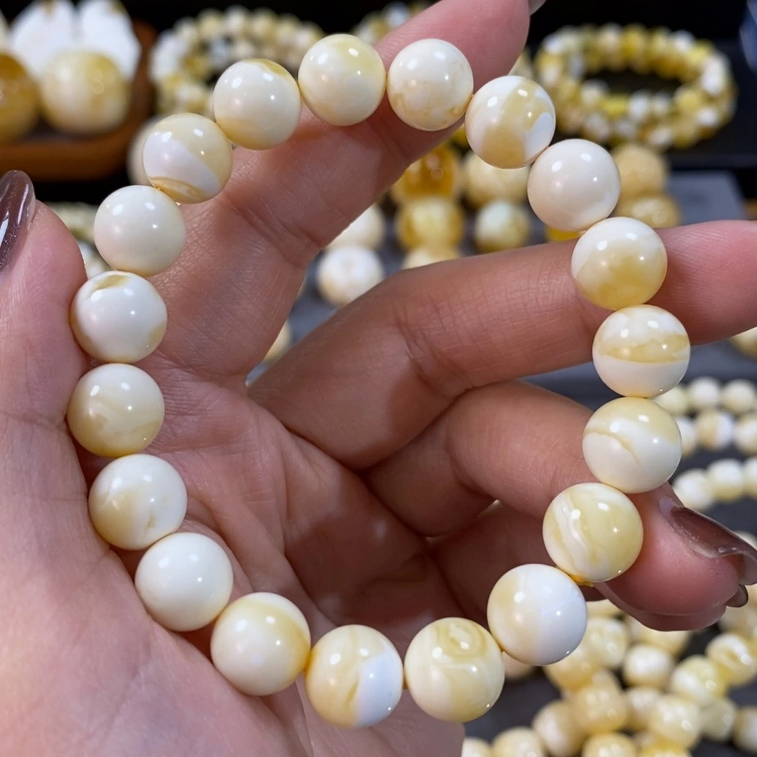 蜜蜡手串未镶嵌10mm+瓷白花蜡手串