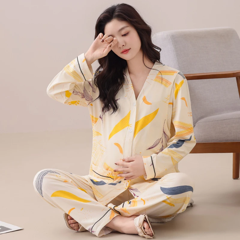 夏季月子服孕妇喂奶睡衣春秋季薄款产后怀孕期产妇哺乳家居服套装