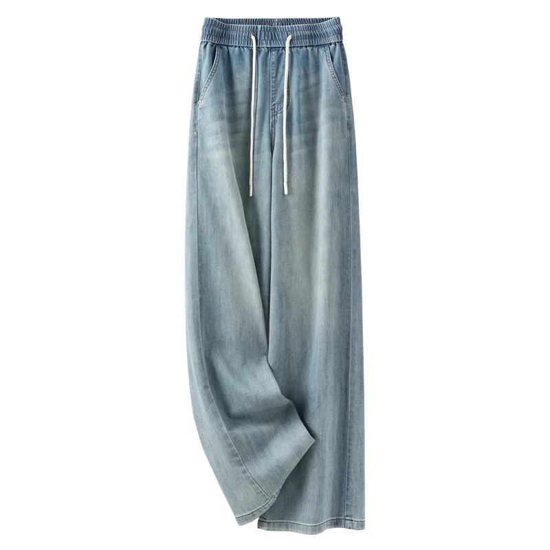 拉夏贝尔软牛仔裤女春秋款2025新款百搭松紧腰显瘦宽松休闲直筒裤