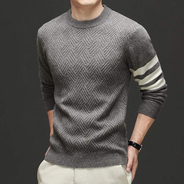 100%纯山羊绒秋冬季男士新款圆领长袖针织羊绒衫潮流保暖男装条纹