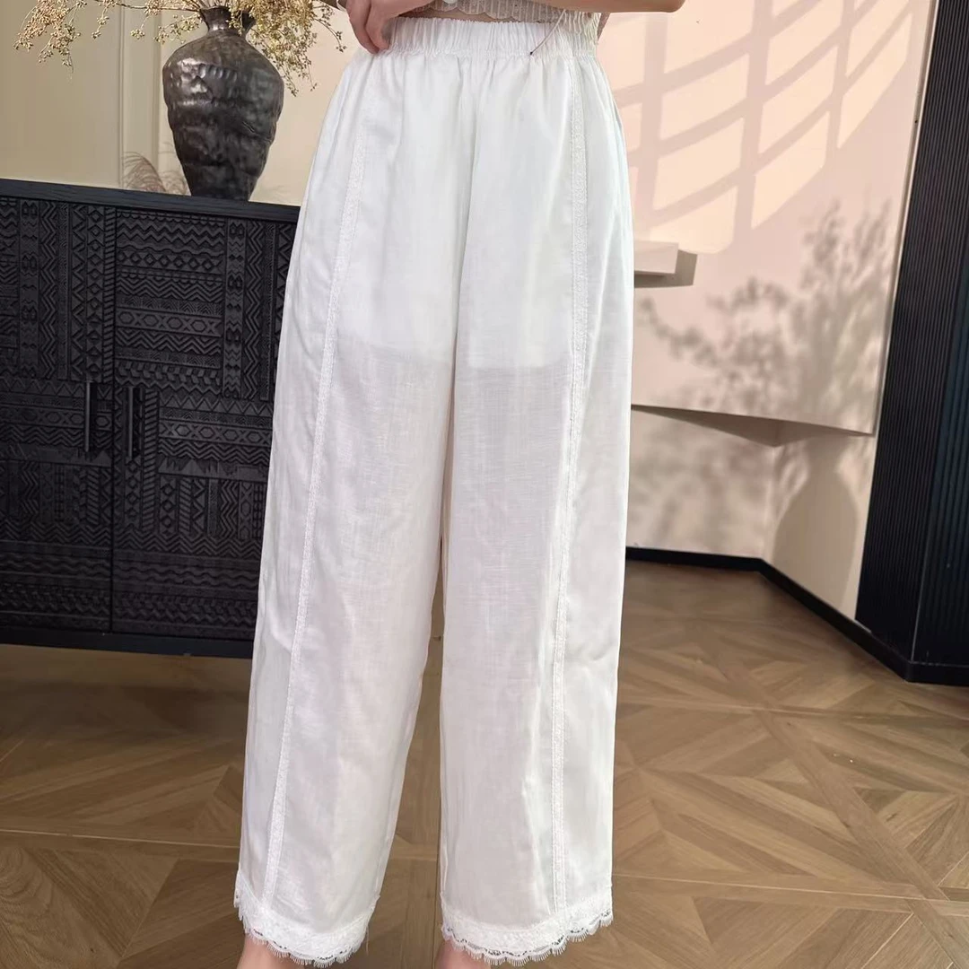 【语辰原创】YC 69523 新中式国风夏季亚麻刺绣显瘦阔腿九分裤