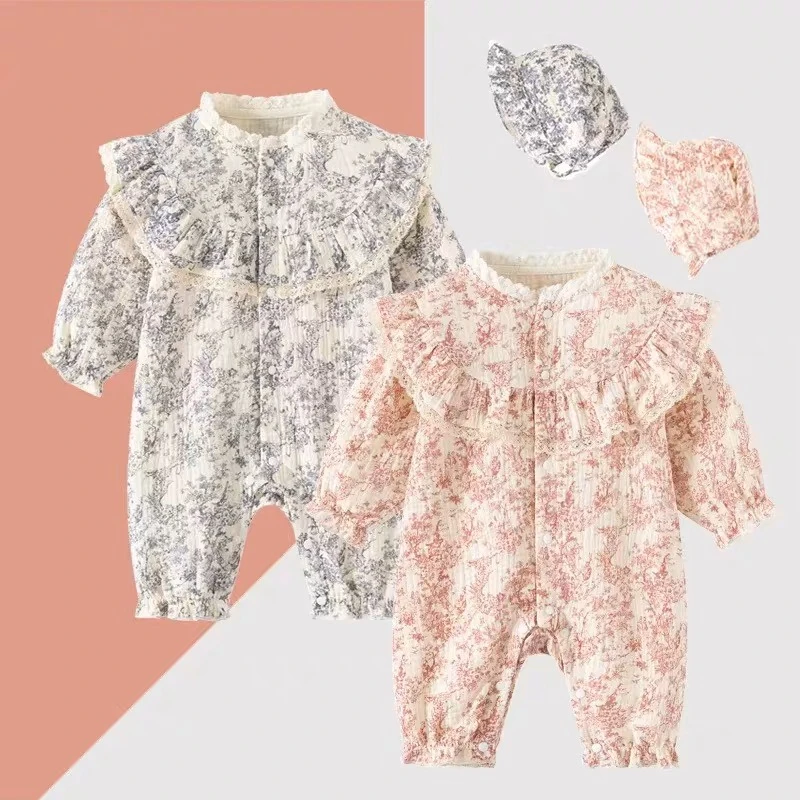 中国风婴儿新款春秋装新款水墨画长袖公主爬服纯棉连体衣宝宝衣服