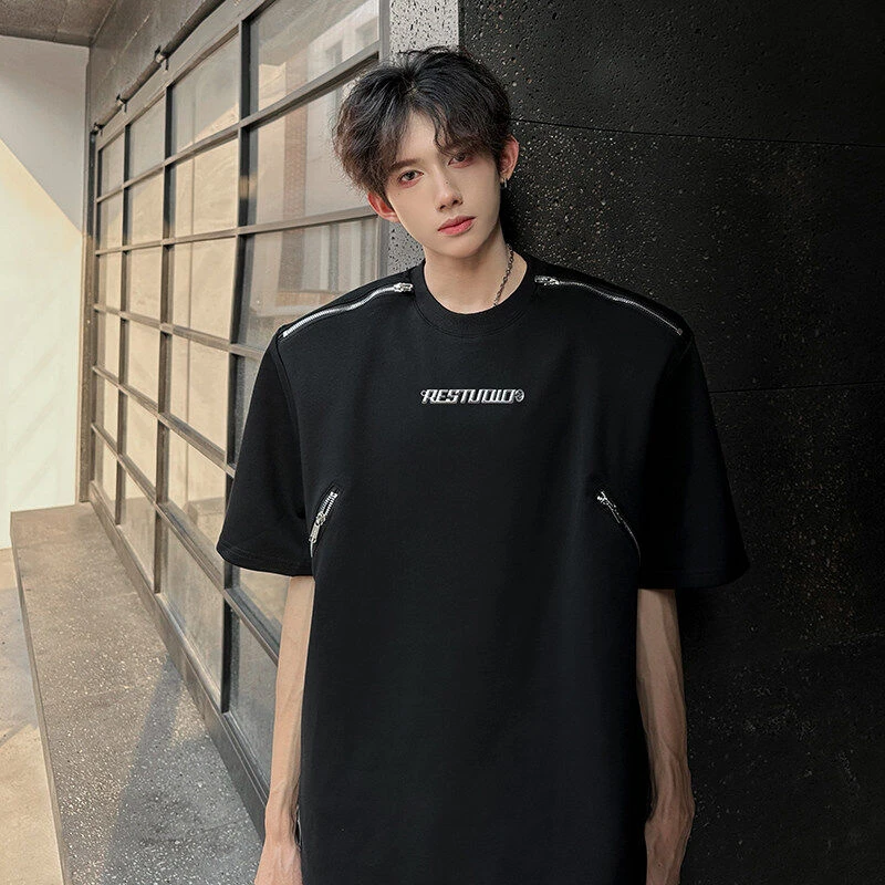 男士休闲圆领T恤拉链设计款高街男垫肩潮男T恤半袖时尚潮流新款男