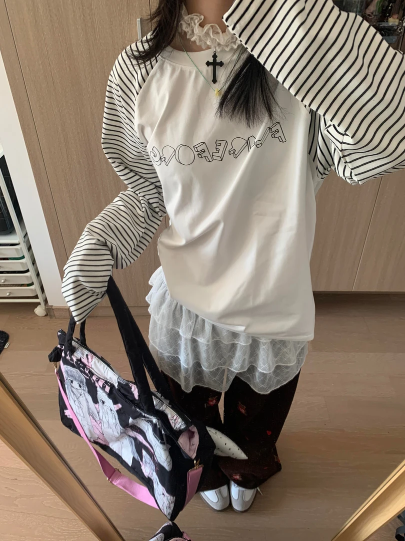美式复古条纹插肩长袖t恤女2025春秋新款学院风撞色拼接宽松上衣