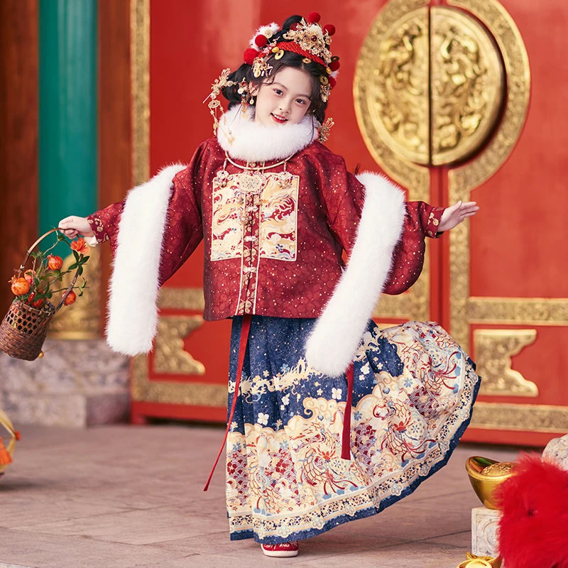 旗铂-福瑞 财神红色款2025新款蛇年汉服女童拜年服女童冬款加绒