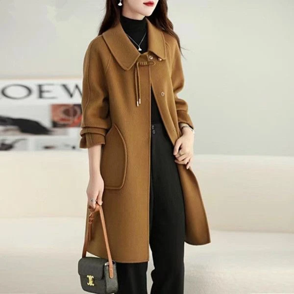 2024秋冬新款双面呢大衣女中长款娃娃领小个羊毛呢洋气双面绒外套