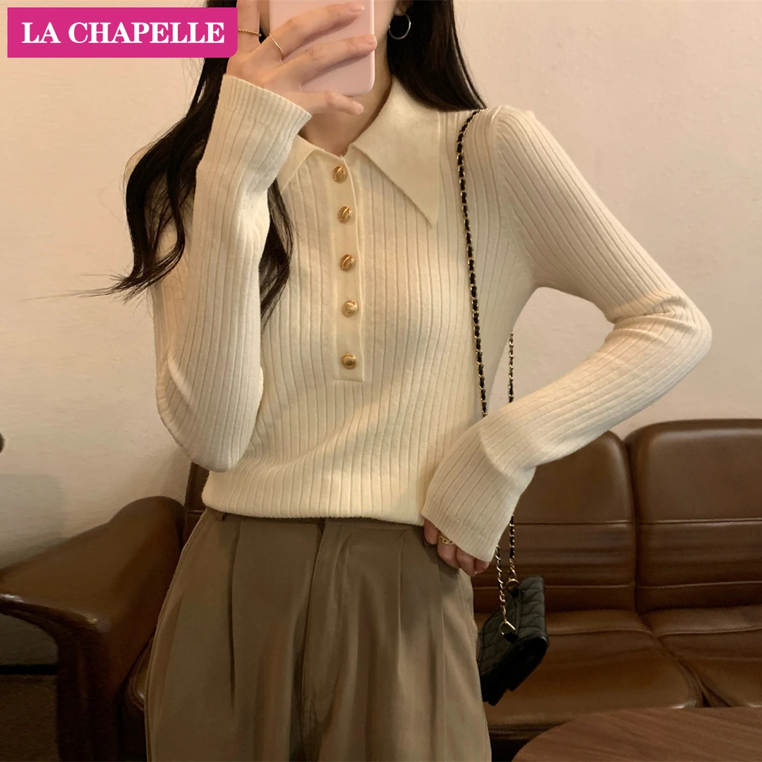 拉夏贝尔法式polo领金属扣针织衫女2025秋冬季韩版修身高级感毛衣