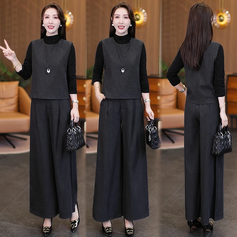 时尚休闲套装女2025秋季新款气质马甲半高领打底衫阔腿裤三件套