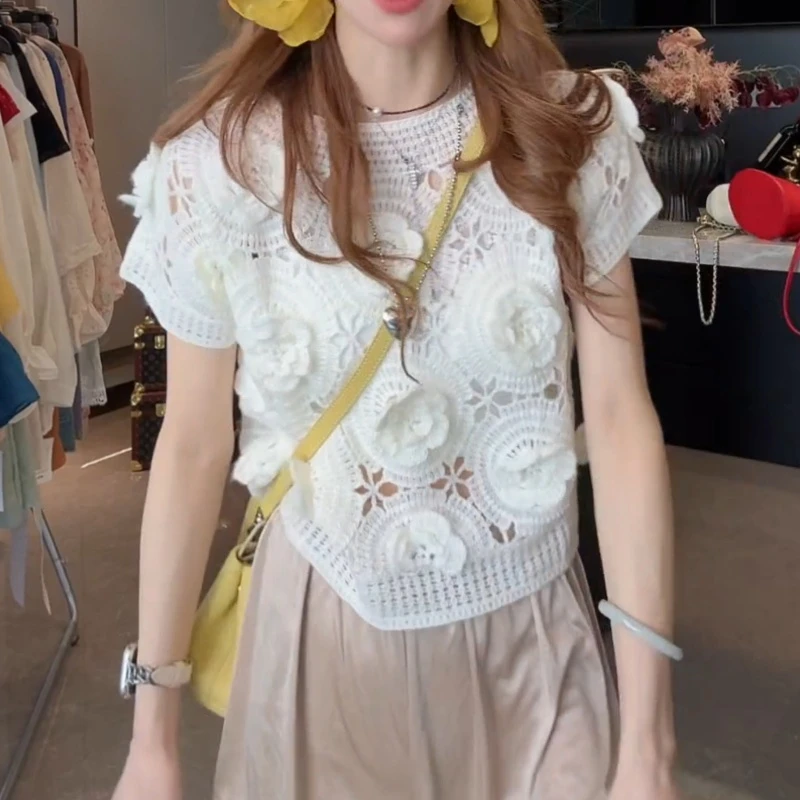 立体钩花镂空短袖女设计感打底独特漂亮小衫短款上衣LK2502735