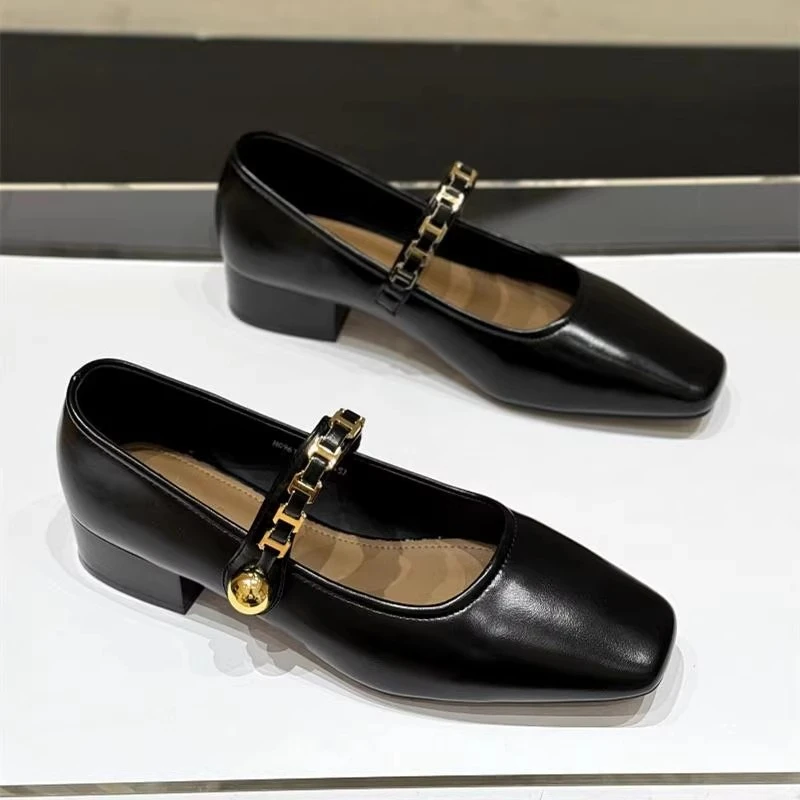 法式仙女风方头粗跟浅口单鞋女2025新款春秋百搭中跟玛丽珍小皮鞋