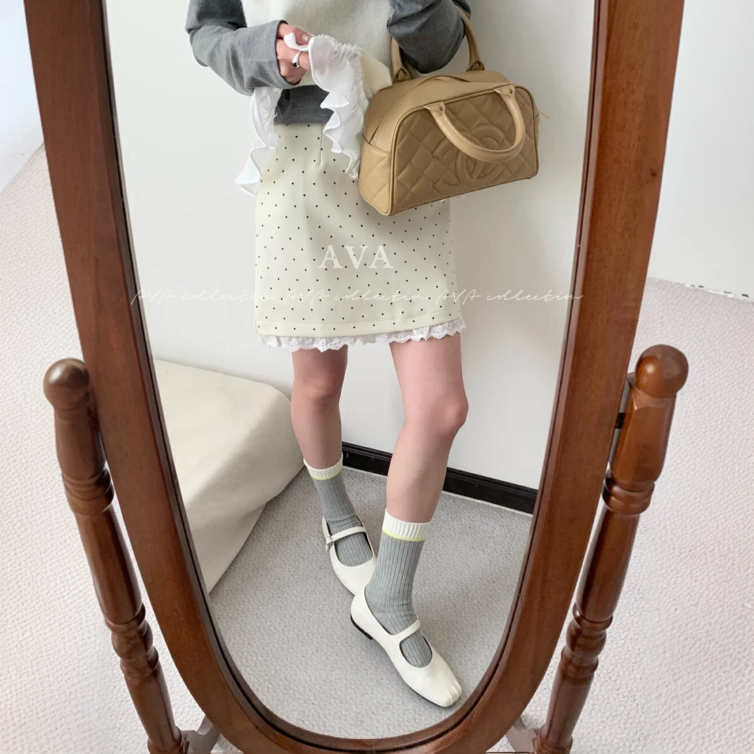 蕾丝边拼接波点半身裙女春季2025新款韩系高腰显瘦A字西装短裙潮