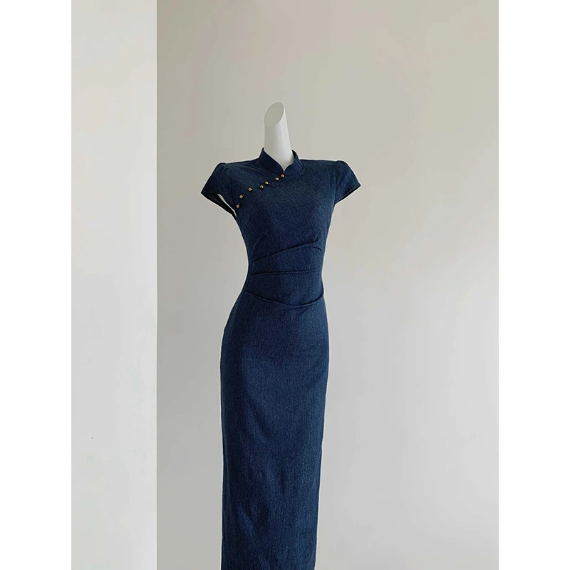 【9880】新中式洗水牛仔改良旗袍女连衣裙春夏收腰长裙精致高