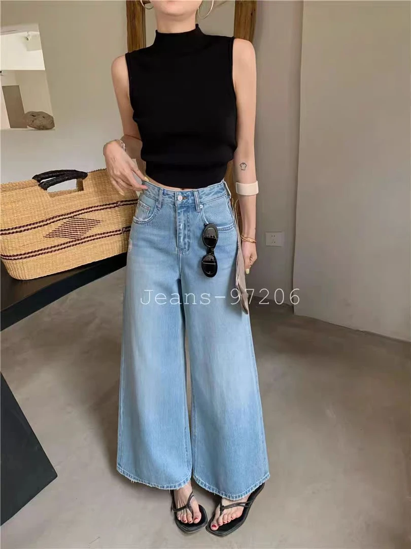韩系 JEANS2025夏季新款高腰宽松显瘦浅色九分大阔腿裤子