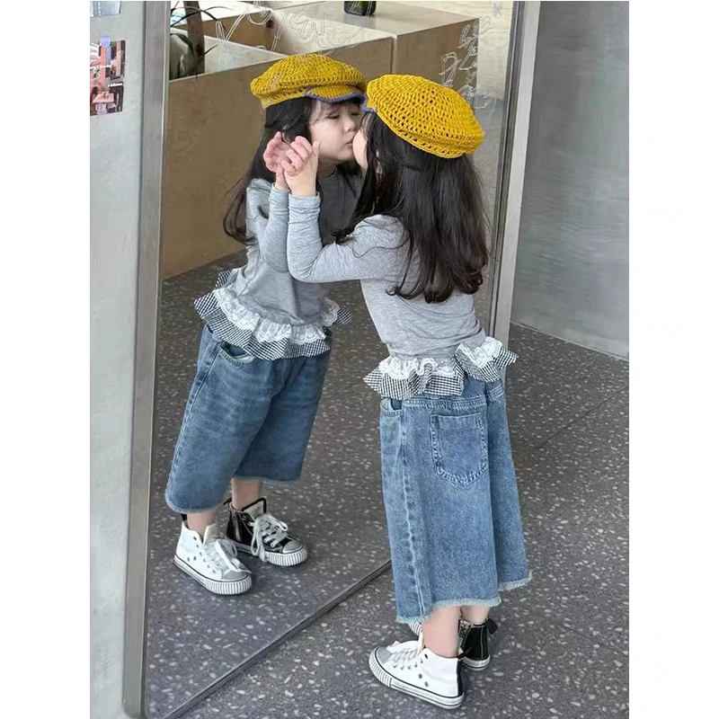 韩系童装2025春季新款女童花边长袖t恤打底衫牛仔裤洋气儿童套装