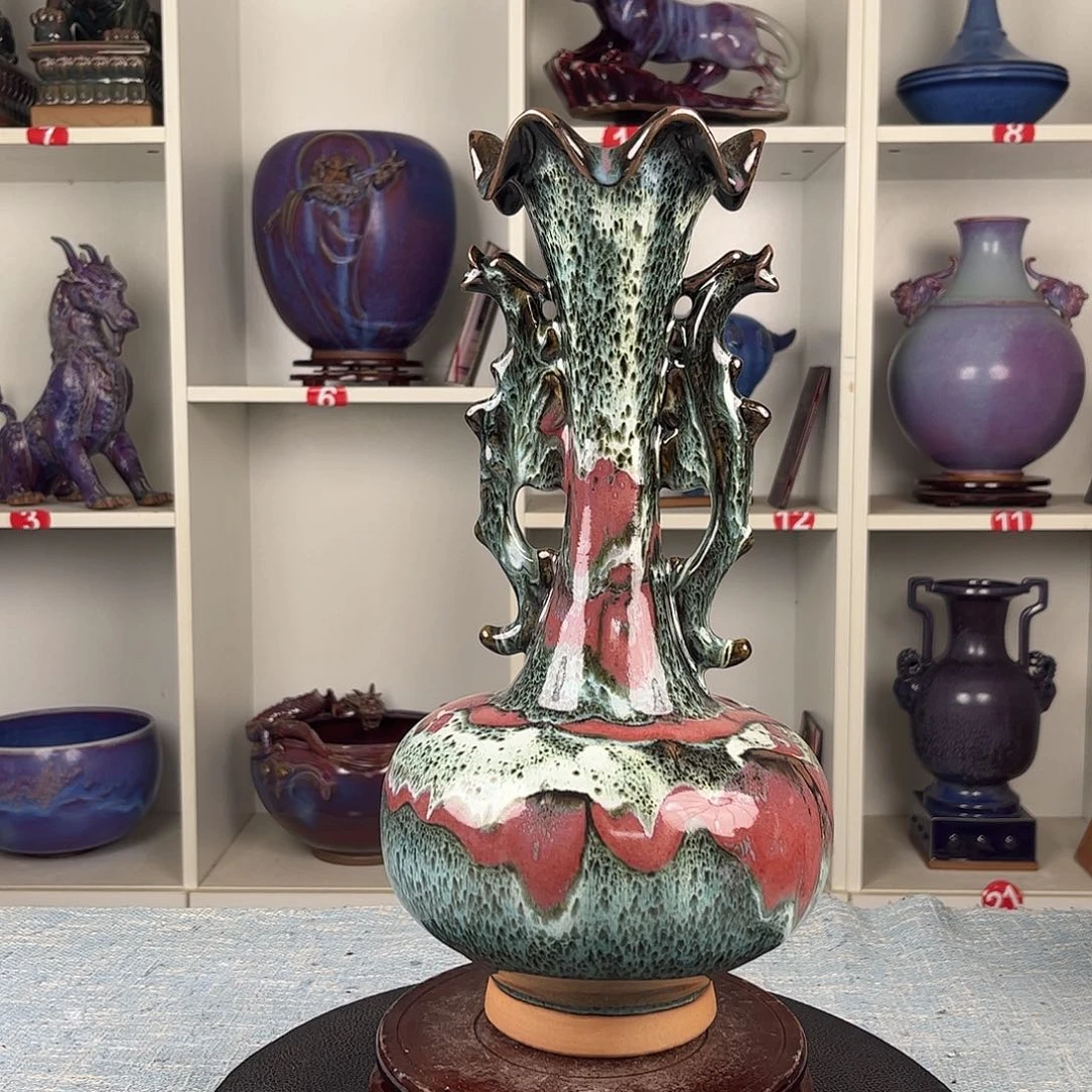 社***料瓷片双龙荷口瓶珍品无礼盒