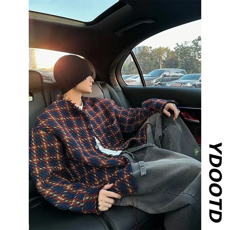 小香风编织毛边尼料开衫外套男款潮牌设计感美式复古短款无领夹克