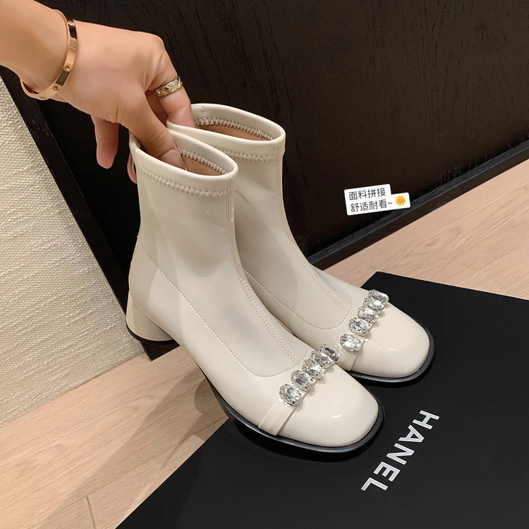 水钻瘦瘦弹力靴女粗高跟后拉链小个子增高超显腿瘦大码短裸靴秋冬