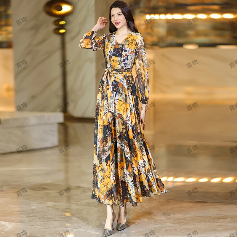 碎花复古印花宽松腰连衣裙时尚夏季春季不褪色长裙V领长款