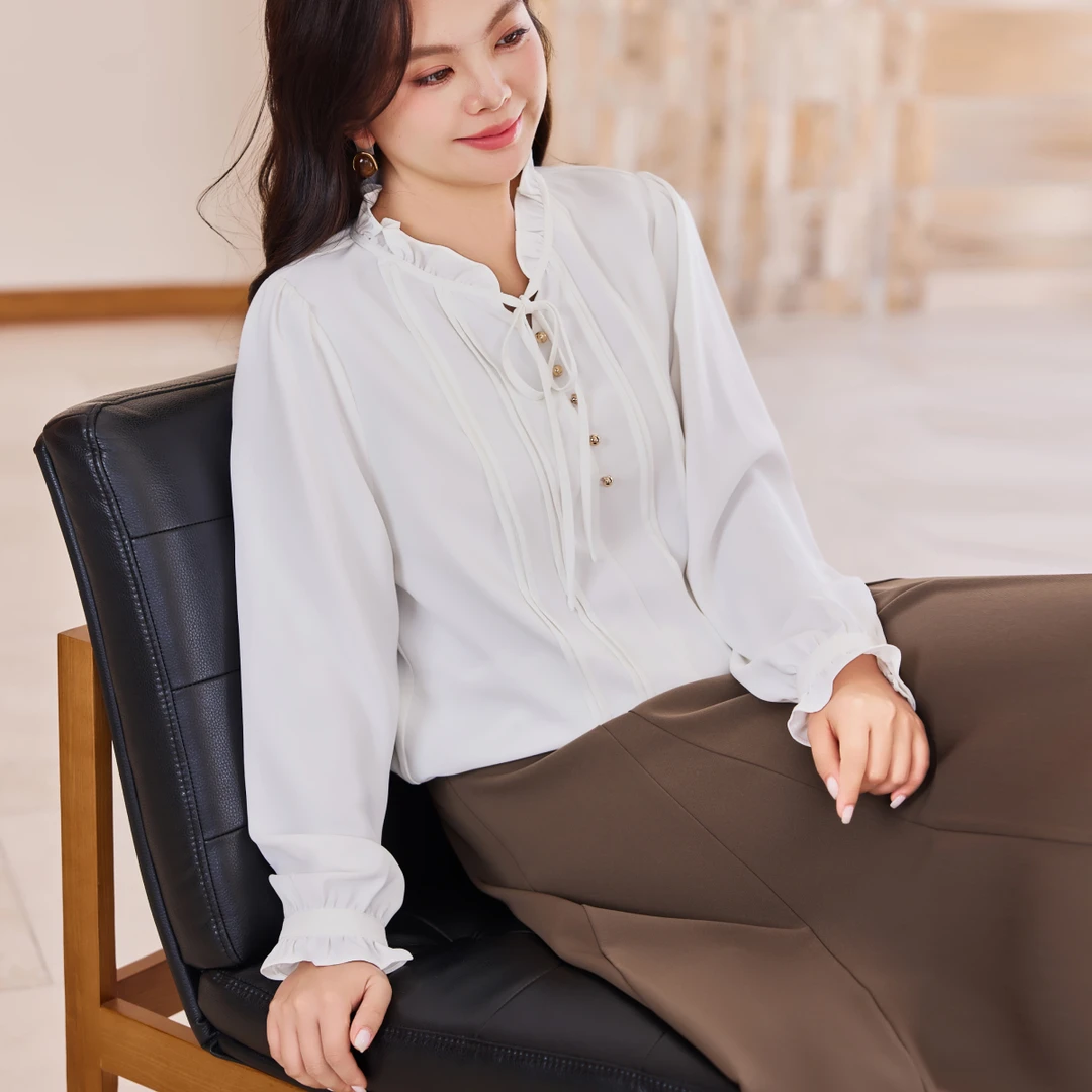 【系带木耳边打条衬衫】MsShe大码女装2025显瘦通勤上衣C2508025