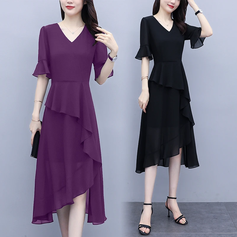 夏季新款不规则雪纺连衣裙黑色爆款时尚显瘦收腰气质洋气中长裙