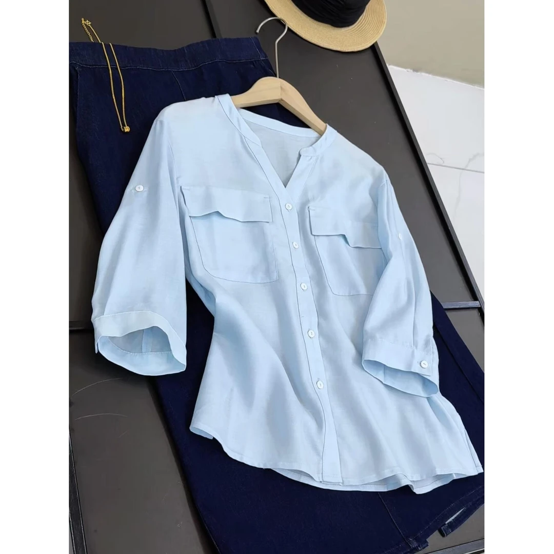 91%莱赛尔 V字半开领前短后长宽松舒适七分袖口袋衬衫