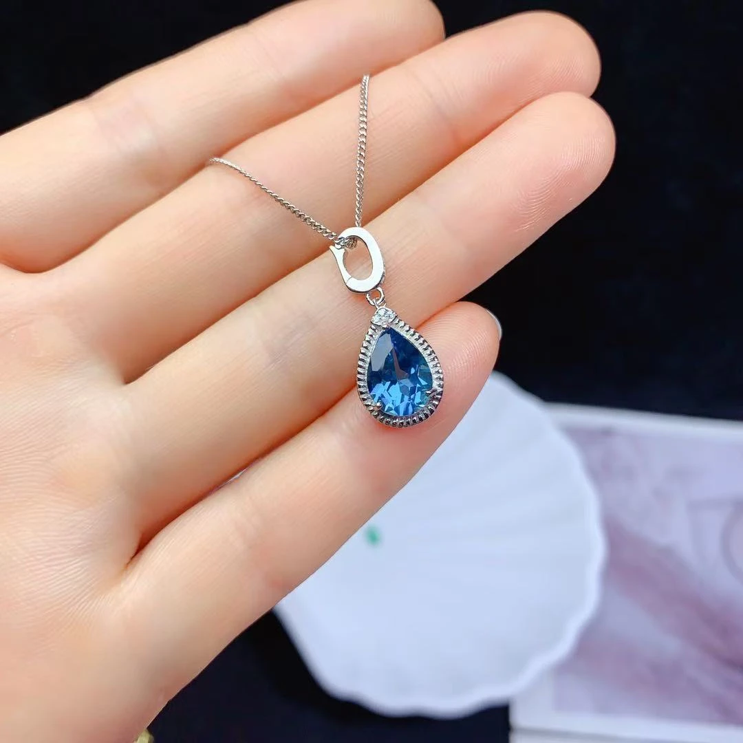 天然s925银镶嵌伦敦蓝托帕石吊坠蓝色轻奢时尚百搭