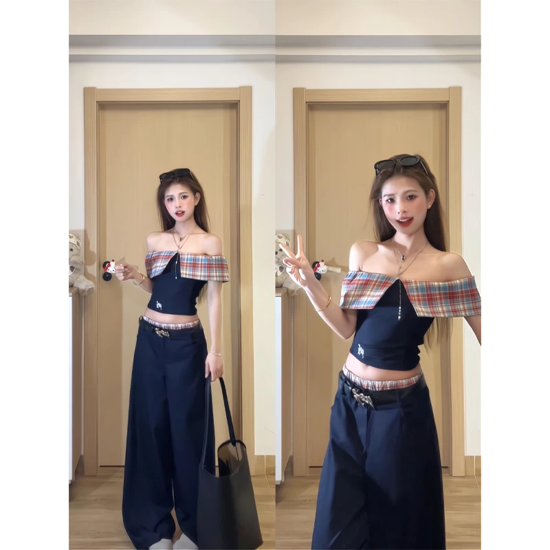 纯欲风辣妹一字领短袖T恤修身短款露肩上衣直筒宽松休闲阔腿裤夏