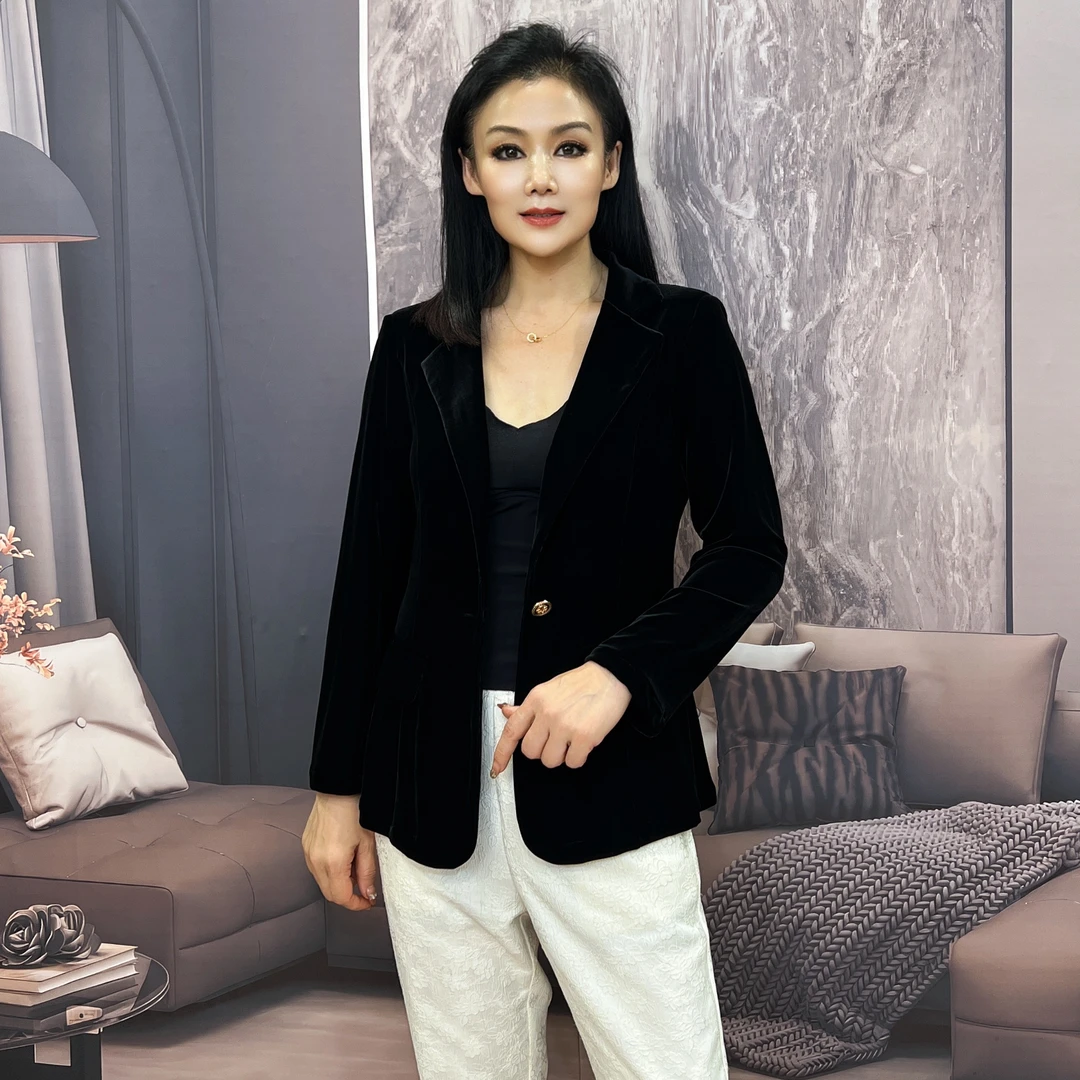 夏季新款高端修身职业夏款外套上衣显瘦黑色遮肉气质丝绒西服