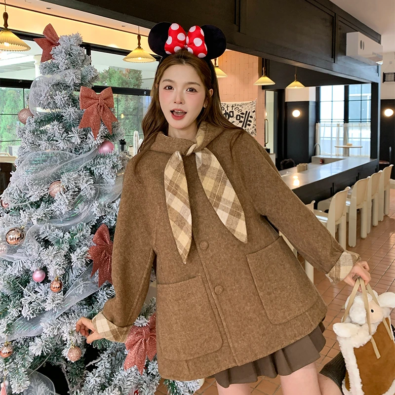 双面穿兔耳系双面羊绒大衣女2025冬季新款韩系小个子甜美格子斗篷