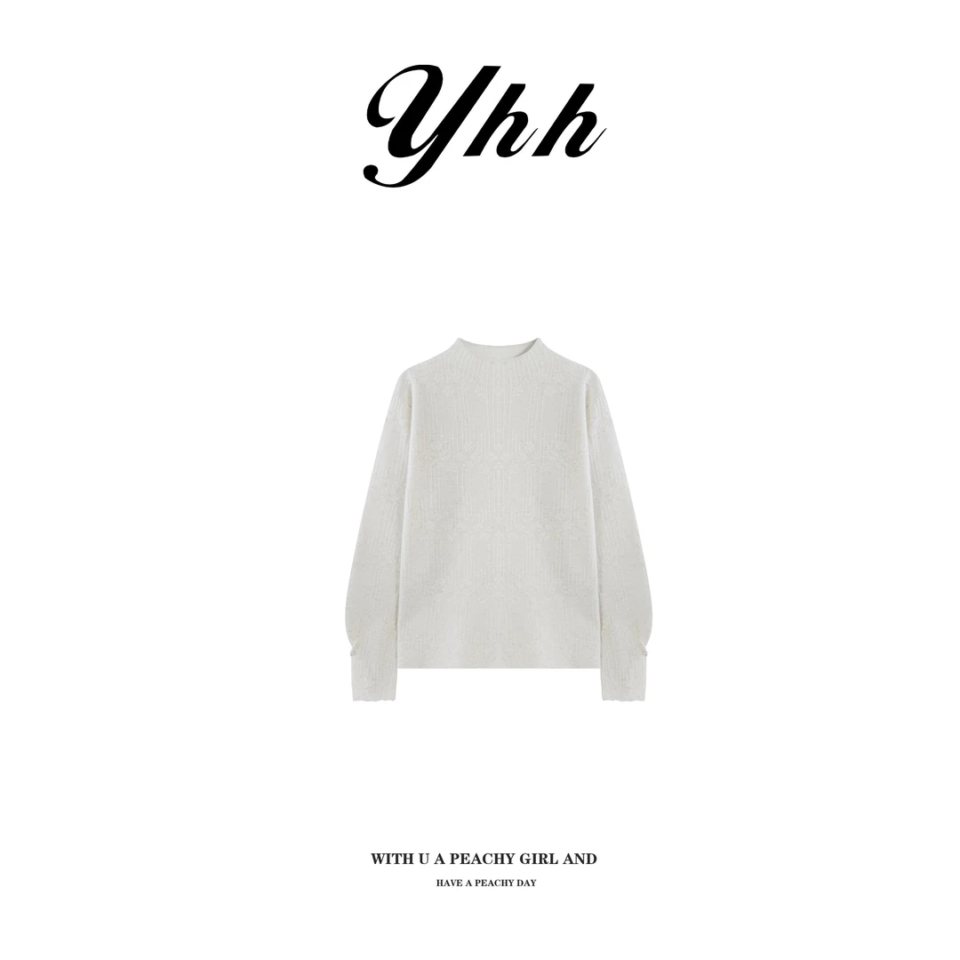 【YHH】冬季韩版半高领袖口珍珠打底衫毛衣-YHW5238