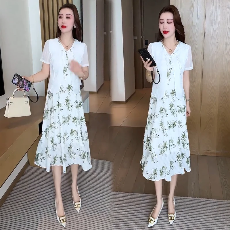 连衣裙女2025夏季新款时髦洋气印花中长款雪纺外披背心裙两件套裙