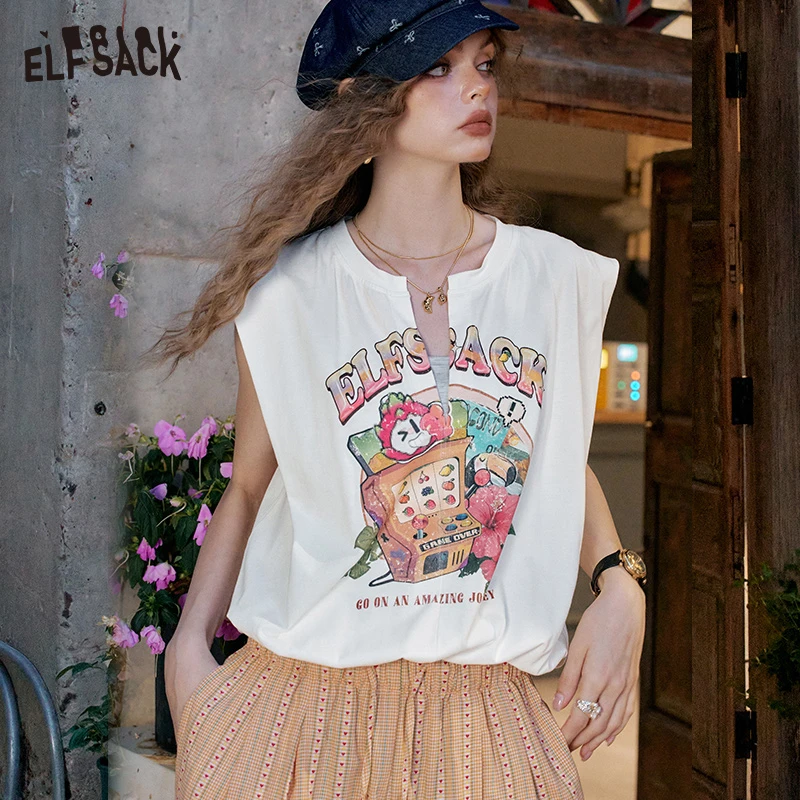 妖精的口袋白色卡通印花无袖t恤2025夏新修身设计感上衣25205297