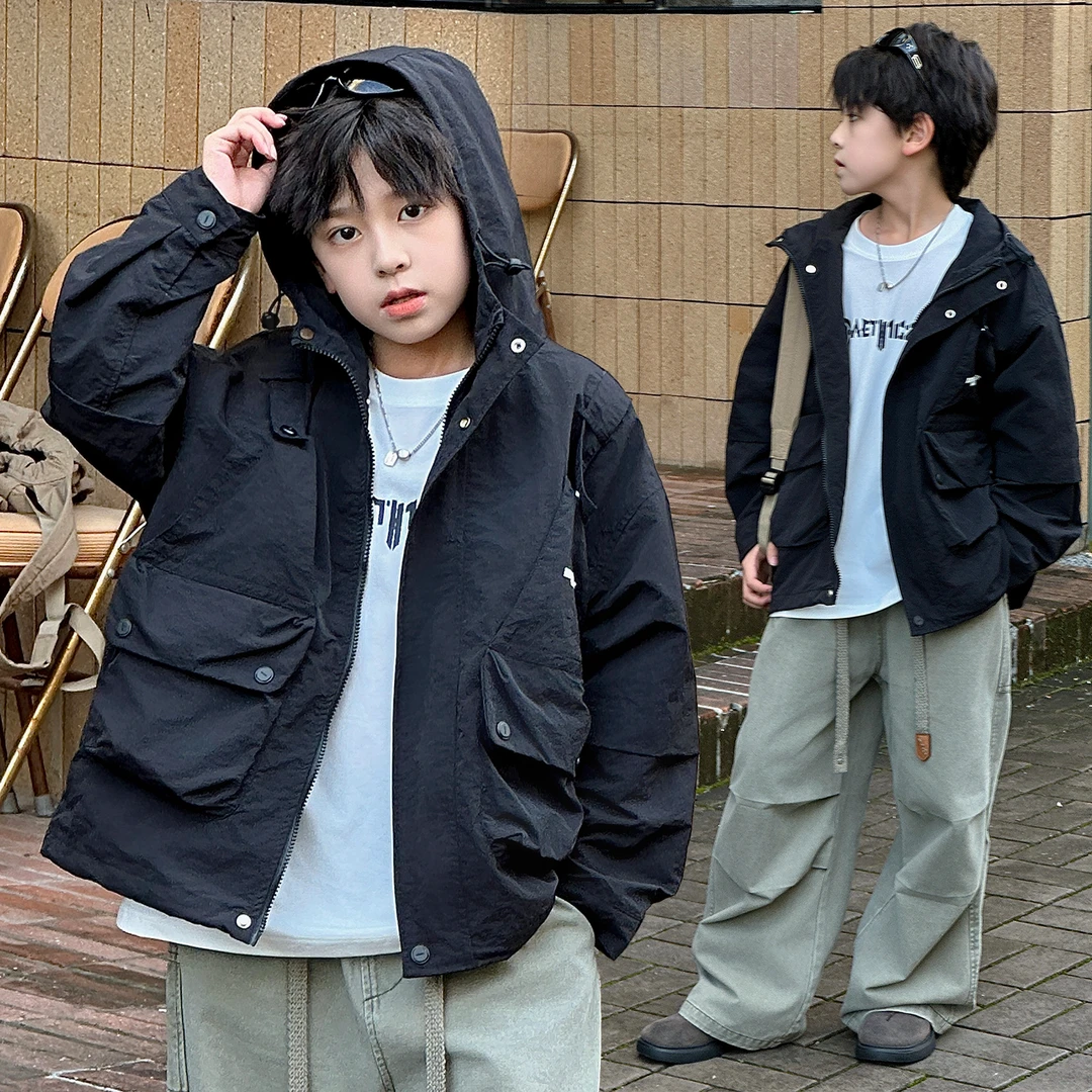 男童风衣外套工装拉链连帽2025年日系秋冬上衣休闲风百搭夹克外套