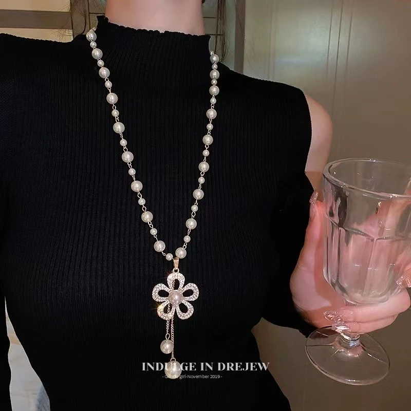 铜合金仿珍珠项链 铜合金仿珍珠亚克力长款毛衣链