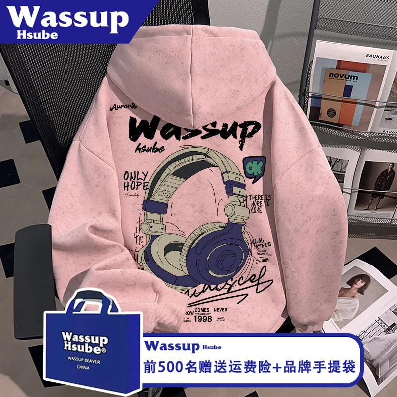WASSUP HSUBE耳机印花粉色蜡染卫衣男女同款秋冬加绒连帽套头上衣