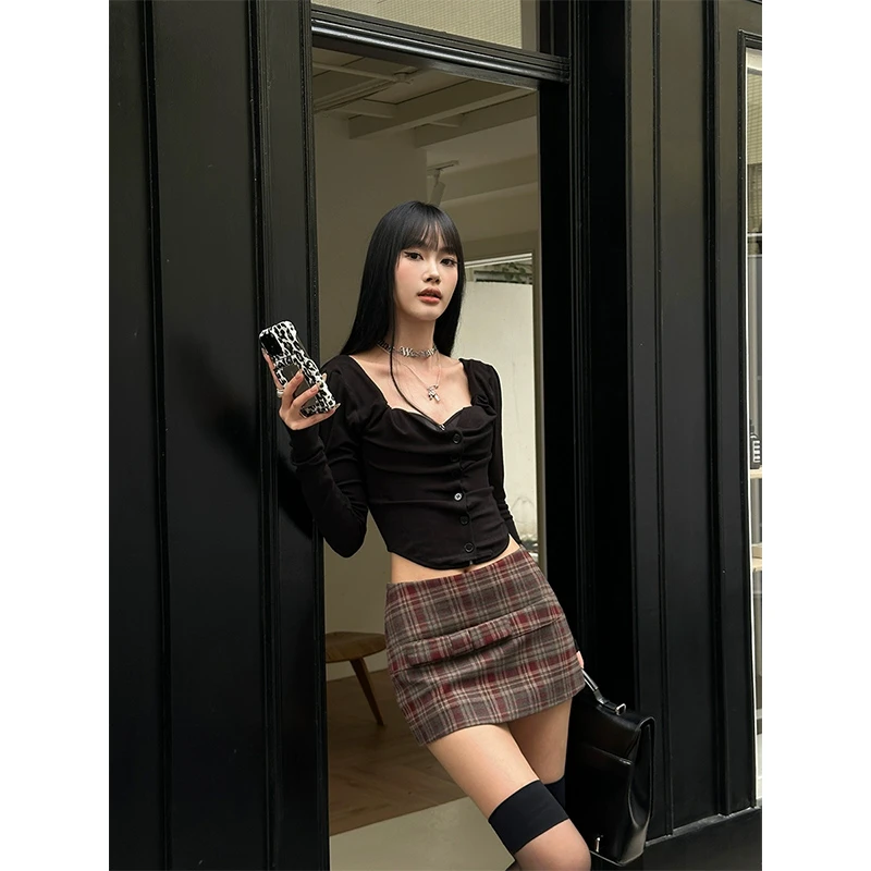 VENUIE【时尚编辑】黑色褶皱设计感长袖开衫显瘦荡领针织开衫10210