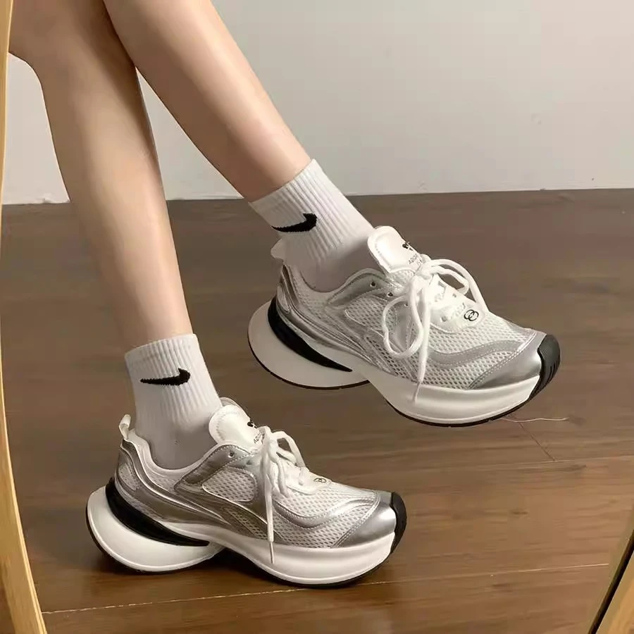 真皮厚底网面老爹鞋女春夏2025新款透气网鞋小蛮腰跑步鞋运动女鞋