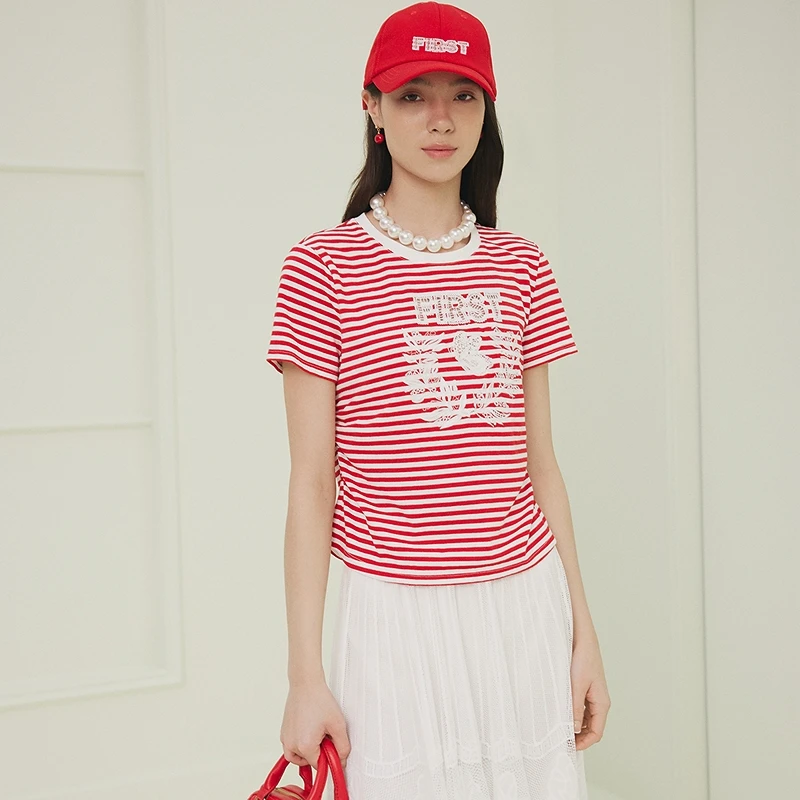 【晨晨专属】firststation撞色条纹两侧抽碎褶T恤上衣女5327A