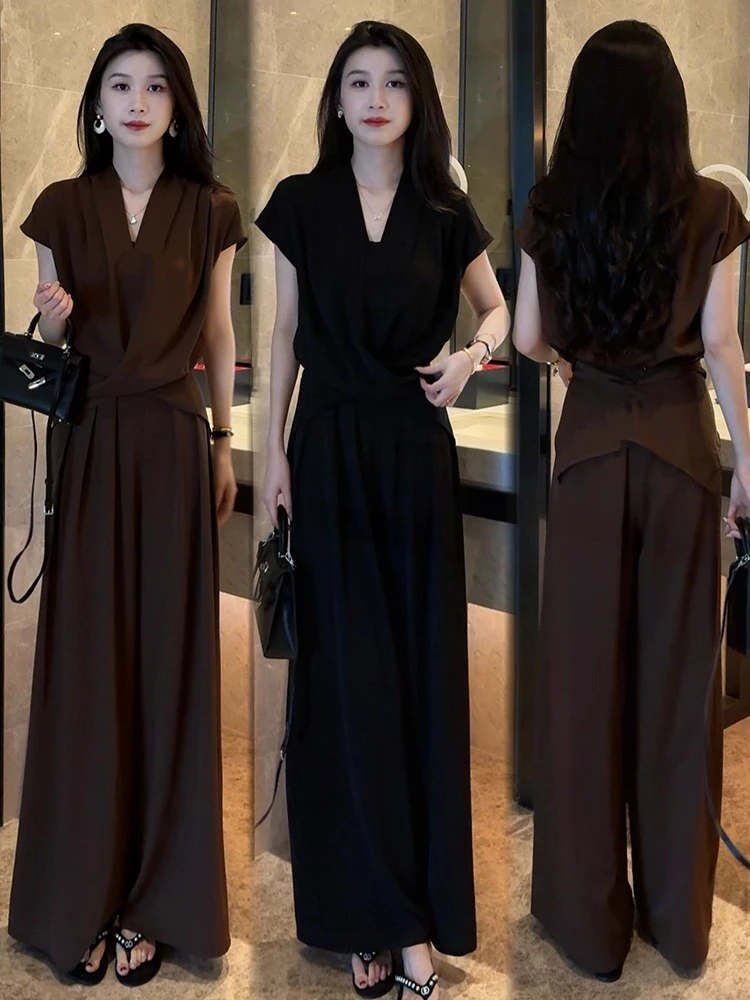 夏装黑色套装女夏季新款时髦洋气短袖上衣女装阔腿裤气质两件套