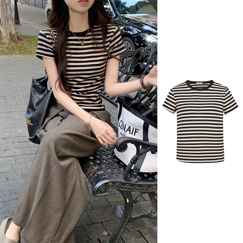 Moses Queen/魔西女王韩系正肩条纹短袖T恤夏季休闲打底显瘦上衣