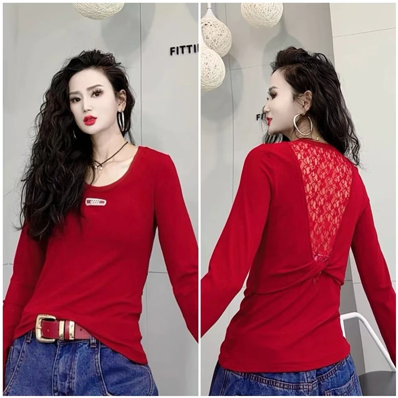 春季蕾丝打底衫T恤女2025新款时尚经典内搭韩版套头长袖T恤-9003