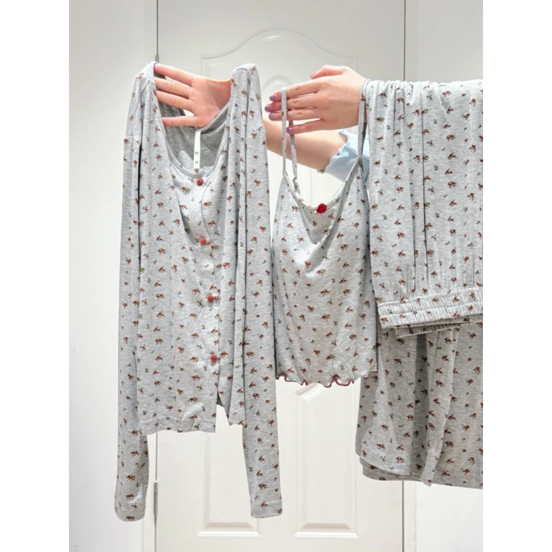 韩系简约风碎花吊带三件套睡衣女甜美居家休闲套装可外穿SY241991