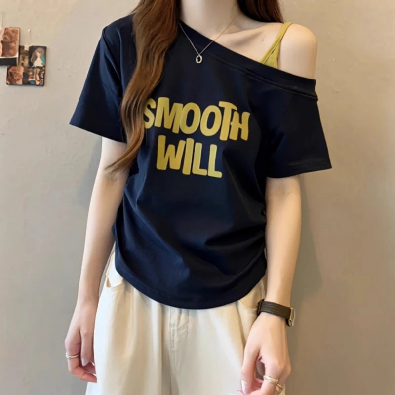 一字肩斜肩短袖t恤女设计感小众露肩掐腰短款小上衣2025新款大码