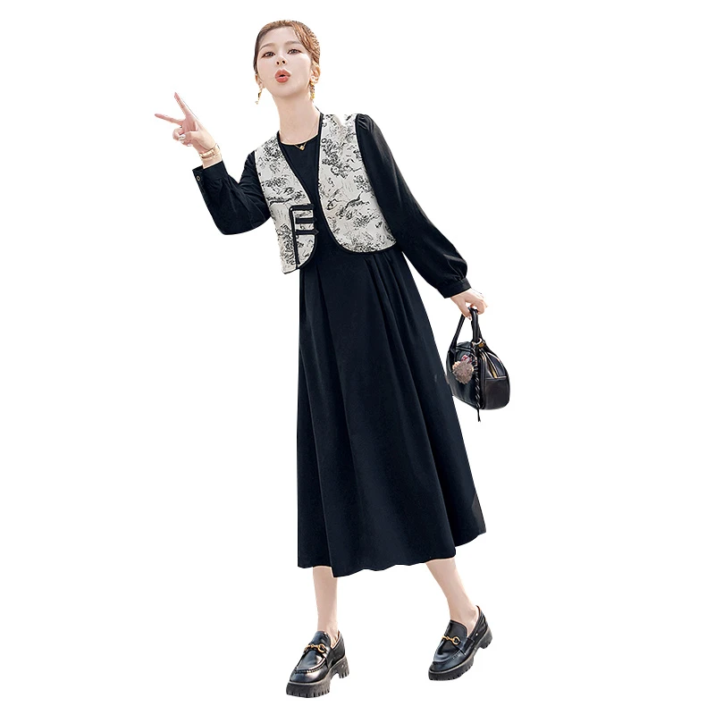 【流光风】丝柏舍2025秋装新款马夹搭长袖连衣裙两件套装S51B0872N