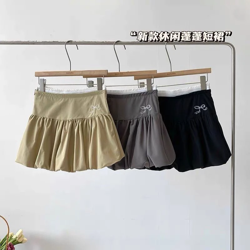 辣妹花苞裙百褶裙女夏季高腰显瘦蝴蝶结灰色a字短裙子蓬蓬半身裙