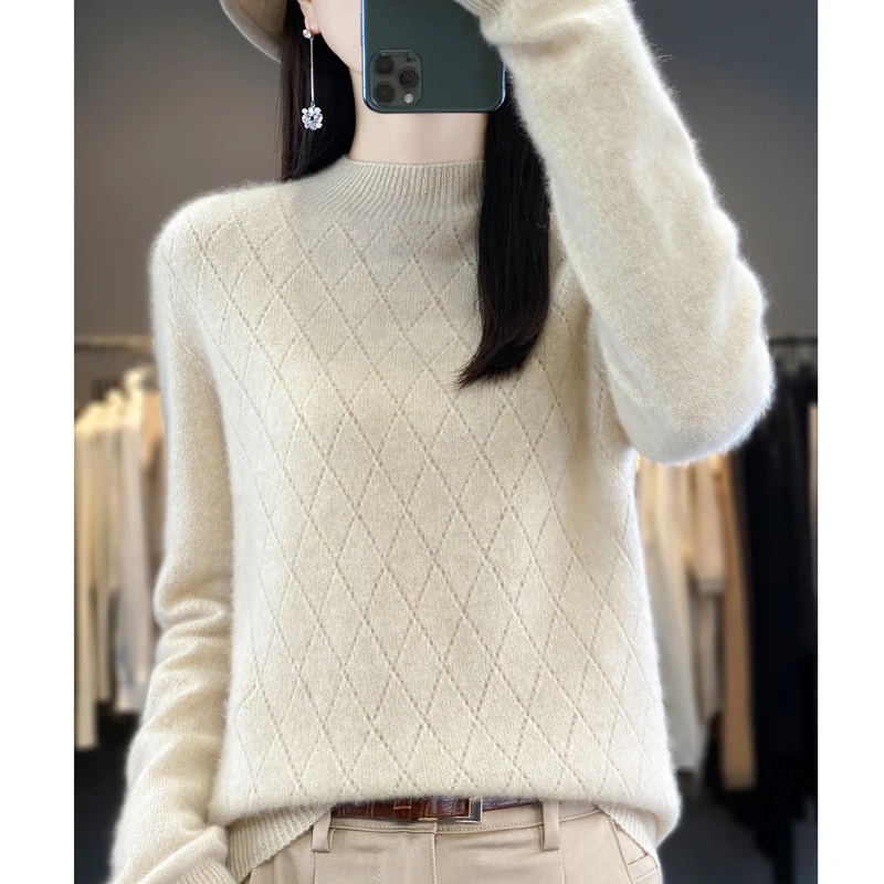 羊毛半高领镂空衫宽松保暖衫针织