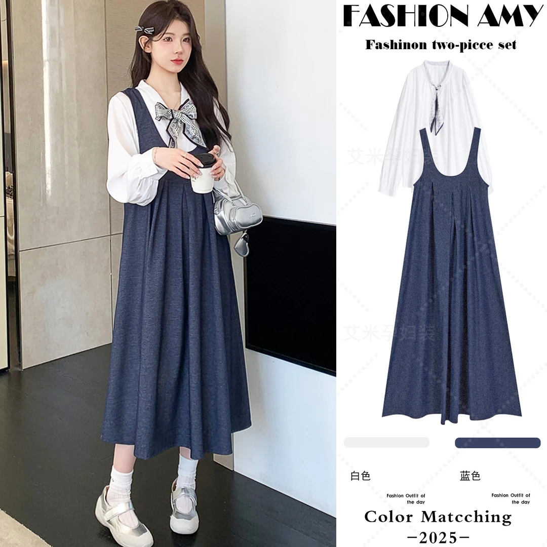孕妇装秋季套装2025新款时尚韩版蝴蝶结丝巾衬衫显瘦背心连衣裙子