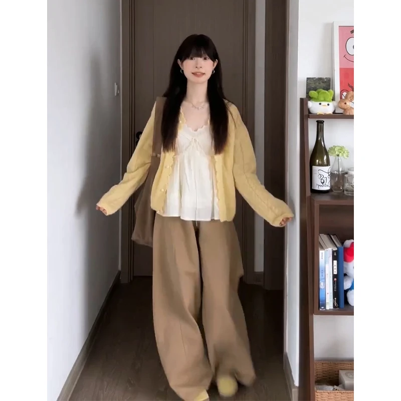 2025秋季新款法式气质宽松花边长袖开衫蕾丝吊带背心高腰阔腿长裤