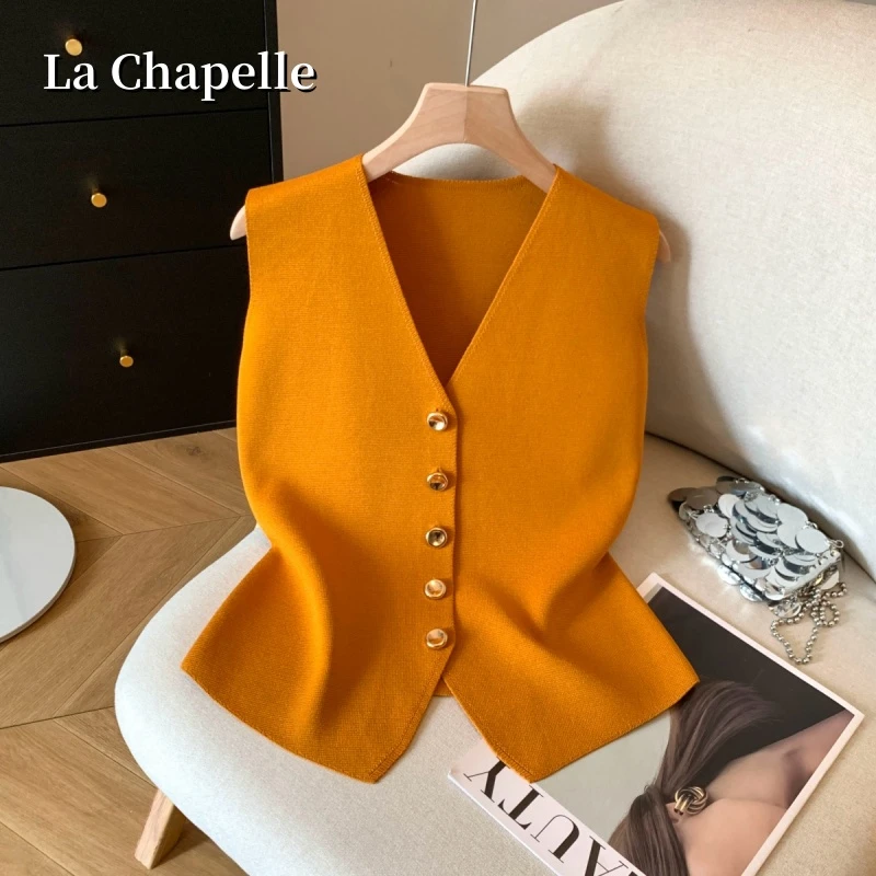 拉夏贝尔韩里韩气设计感v领冰丝针织背心女洋气收腰别致小衫上衣